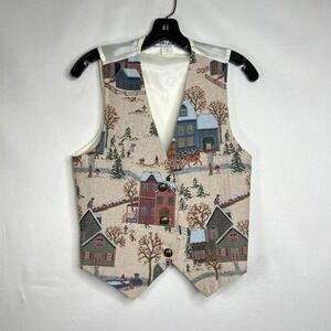 Vintage Tapestry Vest Women PM V-Neck Button Front Winter Village Made in USA